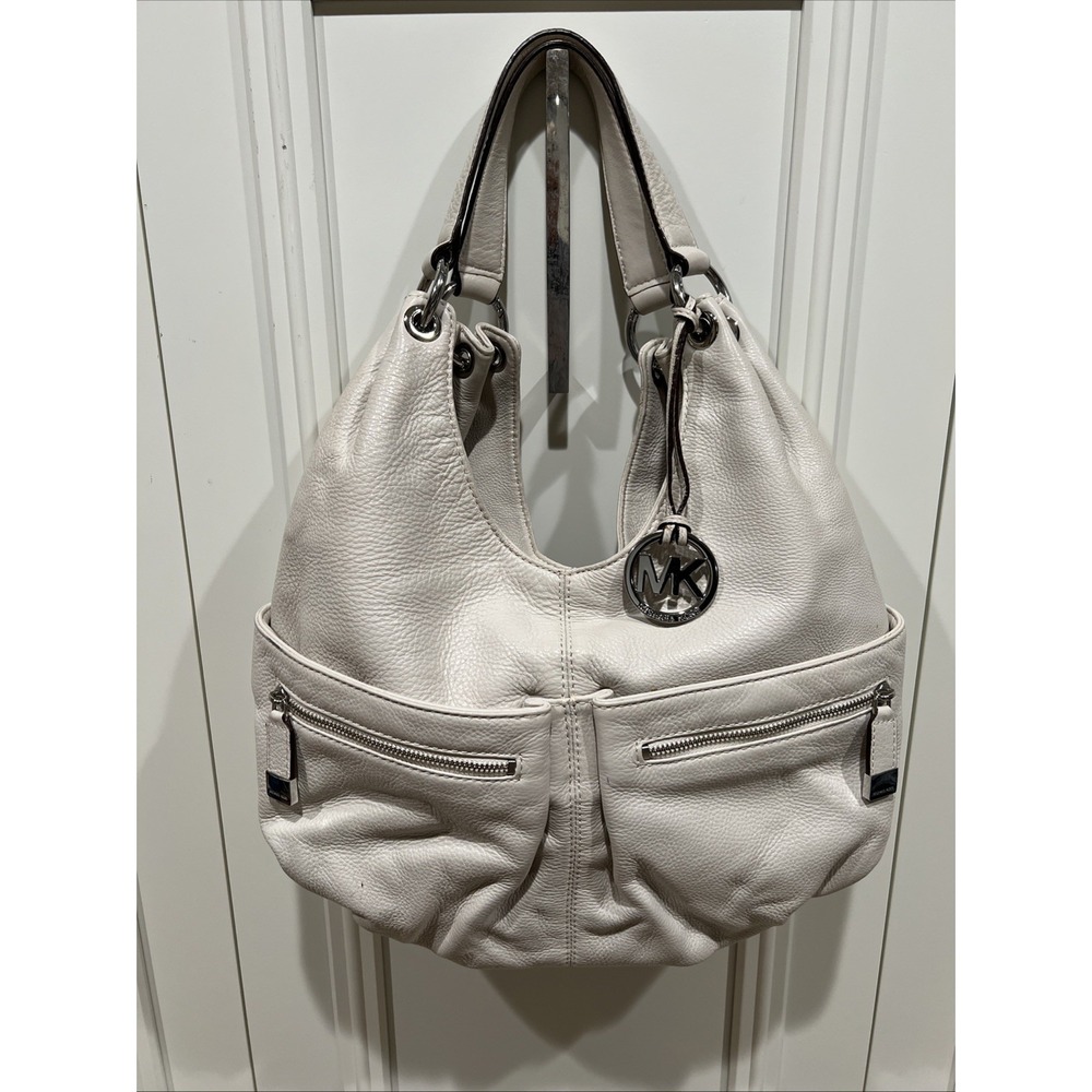 Michael Kors Layton Pebbled Leather Shoulder Bag Hobo Cream Large Designer Boho